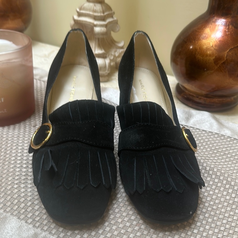 Mark Fisher  shoes in very good condition.  No flaws.  In a black suede